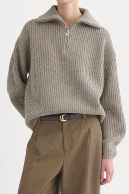 Rippstrick Pullover mit großem Kragen und halbem Frontreißverschluss