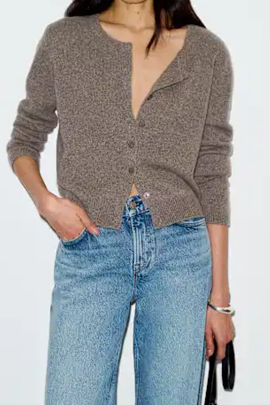 Locker geschnittener Rundhals Cardigan mit durchgehender Knopfleiste und Rippsaum