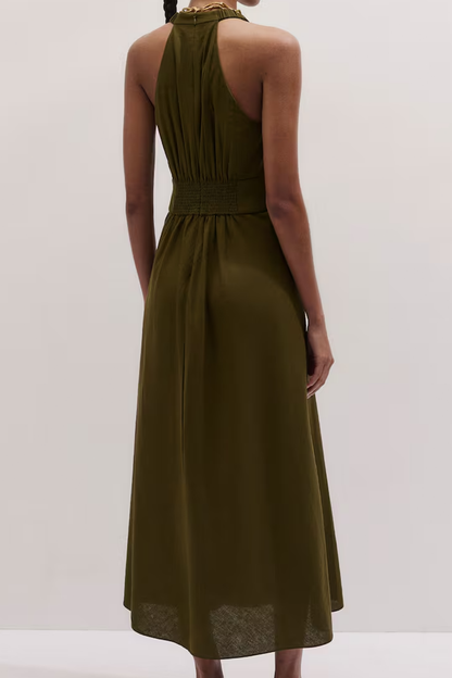 Halsumschlag Midi-Kleid mit Frontknoten und gerafftem Rückenteil