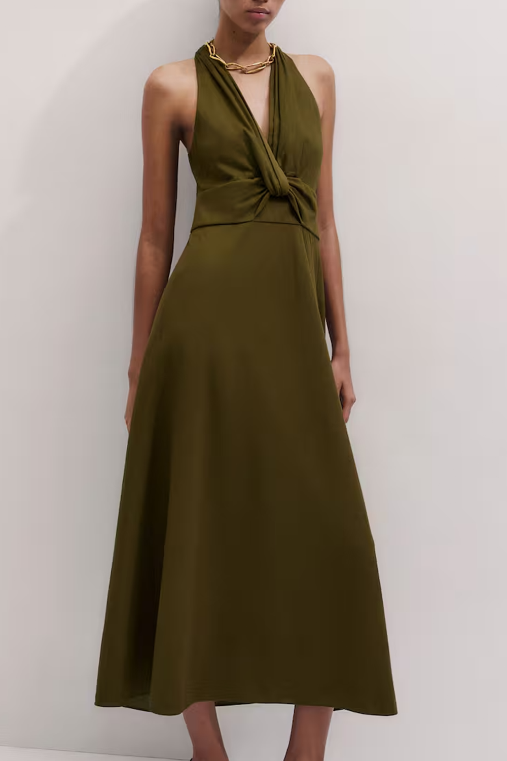 Halsumschlag Midi-Kleid mit Frontknoten und gerafftem Rückenteil
